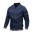 Classic navy blue bomber jacket for men with striped rib cuffs and stand collar detail - M / Navy Blue