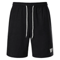 Close-up of black corduroy shorts featuring elastic waistband, white drawstrings and logo - Black
