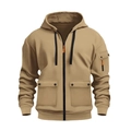 Detail of khaki zip-up hoodie with functional cargo pockets and orange zipper accents - M / Khaki