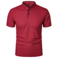 Detail of red slim fit polo shirt with black trim collar and three button placket - Burgundy