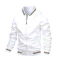 White casual bomber jacket for men with striped ribbed collar and metal zip closure - M / White