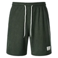 Detail of dark green corduroy shorts with elastic drawstring waist and sports textile label - Army Green