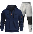 Dettaglio felpa con cappuccio blu navy con tasca arancione e set pantaloni sportivi - M / Blu navy