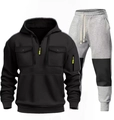 Dettaglio di tuta da uomo due pezzi con felpa con cappuccio e pantaloni bicolore sportivi - M / Top E Pantaloni / Nero