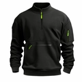 Detail of men's black half-zip sweatshirt featuring neon green zippers and functional pockets - Black