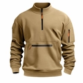 Detail of tactical khaki hoodie featuring 1/4 zipper collar and multiple zipper pockets - S / Tops / Camel