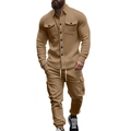 Détails de l'ensemble tactique polaire kaki pour homme avec poches cargo et tissu épais - S / Kaki