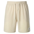 Detailed texture of beige corduroy shorts featuring elastic drawstring waist and sport label - Beige
