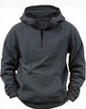 Detail view of charcoal grey half-zip hoodie featuring kangaroo pocket and ribbed cuffs - M / Dark Gray