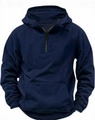 Detail view of men's navy blue half-zip hoodie showing kangaroo pocket and ribbed cuffs - M / Navy Blue