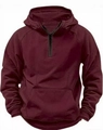 Detail view of burgundy men's hoodie featuring quarter-zip collar and kangaroo pocket - M / Burgundy