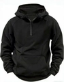 Detail of black hooded sweatshirt featuring a half-zip neckline and spacious kangaroo pocket - M / Black