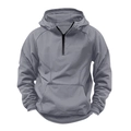 Detail of grey men's hoodie featuring a 1/4 zipper, drawstring hood, and kangaroo pocket - M / Light Gray