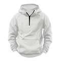 Close-up of white hooded sweatshirt featuring black half-zip collar and front pocket - M / White