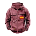 Detail of burgundy zip-up hoodie featuring Spanish flag patch and flap chest pockets - S / Pink
