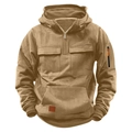 Kids vintage khaki hooded sweatshirt with multi-pocket design and half-zip collar - 120 / Khaki
