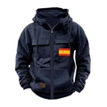 Detail of black hooded jacket with Spain flag patch and leather brand label on pocket - S / Navy Blue