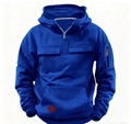 Detail of blue hoodie featuring front flap pockets and tactical orange zipper on the sleeve - 120 / Sapphire Blue