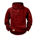 Detailansicht des weinroten Hoodies mit halbem Reißverschluss, Kängurutasche und Ärmeltasche - M / Rot