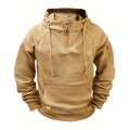 Detail eines khakifarbenen taktischen Hoodies mit Viertelreißverschluss und Ärmeltasche - M / Khaki