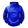 Detail eines marineblauen Kapuzenpullovers mit orangefarbenem Reißverschluss und Patch - M / Blau