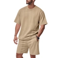 Men's two-piece casual set featuring a khaki short sleeve t-shirt and shorts with 3D texture - Khaki