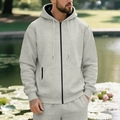 Close-up of light gray fleece hoodie with full zipper and metallic drawstring tips - S / Set / Light Gray