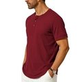 Macro shot of dark red ribbed texture and button placket on a men's Henley shirt - Wine Red