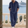 Men's navy linen resort set featuring hooded Henry shirt and trousers on cruise balcony - Navy Blue