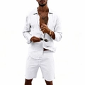 Detail of white linen set showing long sleeve shirt texture and drawstring shorts - White