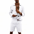 Detail of white linen set for men showing natural fabric texture and drawstring waist - White (Black Button)