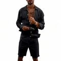 Detail view of black linen casual shirt and shorts set with texture and buttons - Black