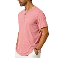 Detail of pink ribbed knit fabric on men's short sleeve Henley shirt with buttoned collar - Pink