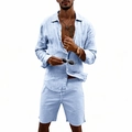 Detail of light blue linen shirt set showing natural fabric texture and relaxed fit - Light Blue