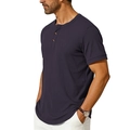 Detailed view of the ribbed texture and three-button neckline on a navy blue Henley shirt - Navy Blue