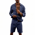 Detail of dark blue linen shirt and drawstring shorts set with natural fabric texture - Navy Blue