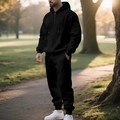 Detailed side view of men's black heavy fleece zip-up hoodie and jogger sports set - S / Black