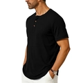 Detail of black ribbed Henley shirt neckline with two dark wooden buttons and slim fit texture - Black