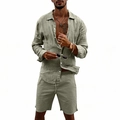Detail view of sage green men's linen set featuring long-sleeve shirt and drawstring shorts - Army Green