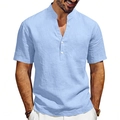 Men's sky blue linen Henley shirt with short sleeves and mandarin collar for summer style - S / Tops / Sky Blue