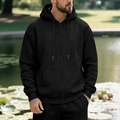 Men's casual black fleece-lined zip-up hoodie featuring a drawstring hood and side pockets - S / Set / Black