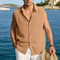 Detail of camel linen sleeveless shirt featuring a chest pocket and textured fabric for summer - Caramel color