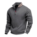 Detail van grijze sweater met driekleurige gestreepte opstaande kraag en metalen halve rits - donkergrijs