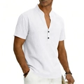 Detailed close-up of white linen Henley shirt featuring standing collar and dark buttons - S / White