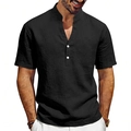 Detail of black linen Henley shirt with stand-up collar and white contrast buttons - S / Tops / Black
