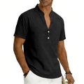 Detail shot of men's linen Henley shirt showing stand collar with V-neck and white buttons - S / Black