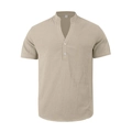 Close-up of khaki linen shirt collar with two buttons and breathable fabric texture - Khaki
