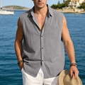 Detail of grey sleeveless linen shirt with notched lapel and textured fabric finish - S / Tops / Gray