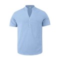 Detail of light blue linen Henley shirt featuring stand collar and two-button V-neck design - Light Blue
