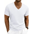 Men's breathable V-neck white short sleeve T-shirt with athletic slim fit design - S / White